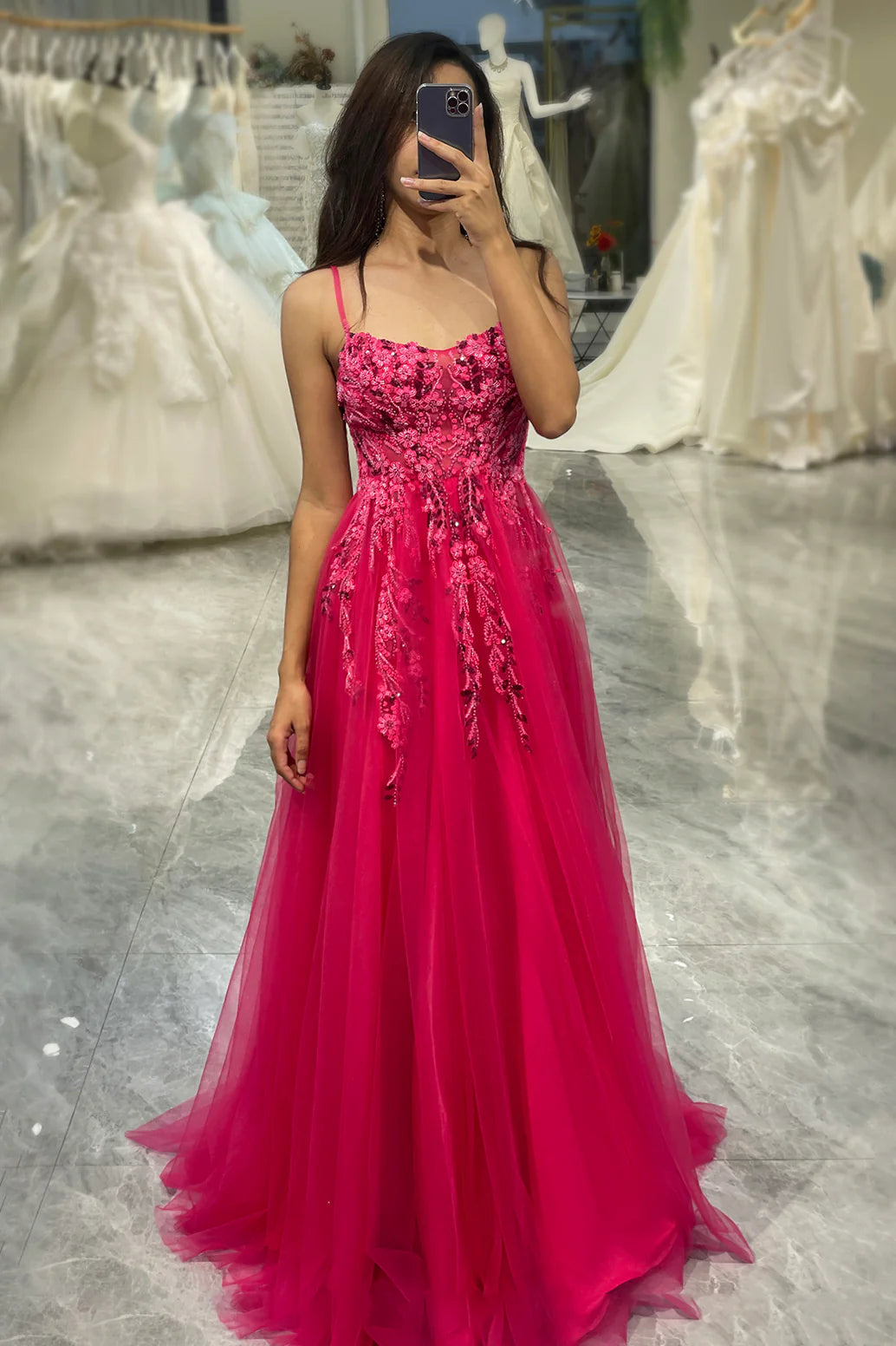 TingPo Wholesale Elegant A Line Fuchsia Spaghetti Straps Tulle Long Prom Dress With Appliques