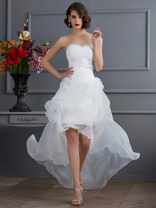 Wholesale A-Line/Princess Sweetheart Sleeveless Beading High Low Organza Wedding Dresses