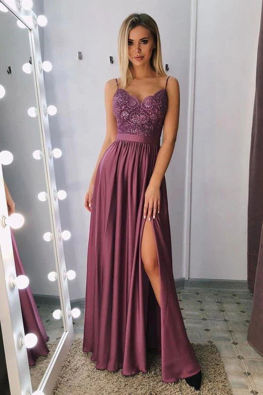 Wholesale A Line Spaghetti Straps V Neck Purple Lace Side Slit Prom Dresses Dresses