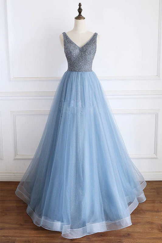 Wholesale A Line V Neck Powder Blue V Back Prom Dress with Beading Evening Dress