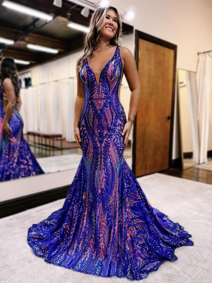 TingPo Wholesale Charming Mermaid V Neck Blue Sequin Lace Long Prom Dresses