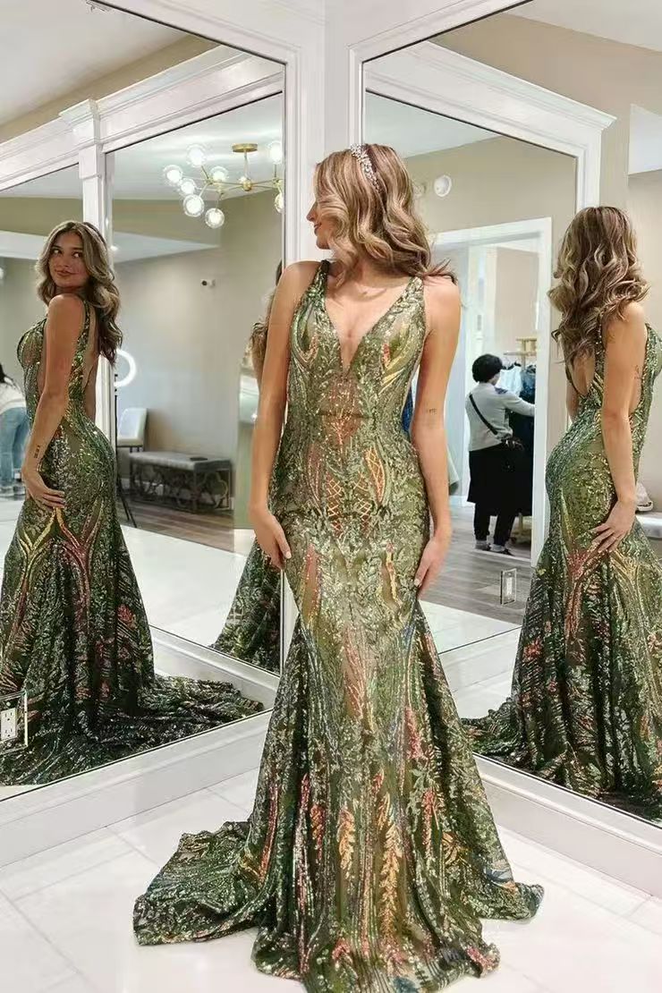 TingPo Wholesale Charming Mermaid V Neck Blue Sequin Lace Long Prom Dresses