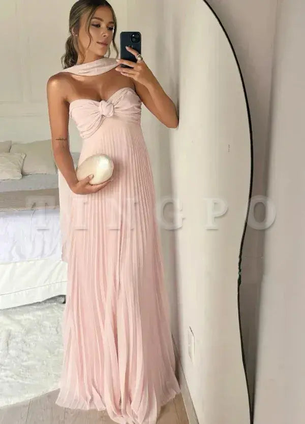Wholesale Classy A Line Strapless Light Pink Chiffon Long Prom Dresses Evening Dress With Ruffles gowns evening dresses