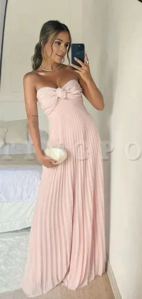 Wholesale Classy A Line Strapless Light Pink Chiffon Long Prom Dresses Evening Dress With Ruffles gowns evening dresses