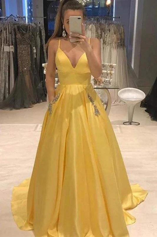 Wholesale Elegant Yellow Spaghetti Straps A Line Satin V Neck Prom Dresses With Beads Pockets