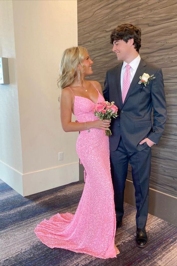 TingPo Wholesale Elegant Mermaid Sequin Pink Long Prom Dresses Formal Dress