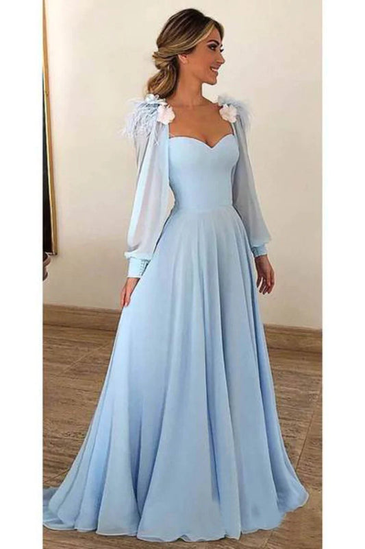 Wholesale Sky Blue Chiffon Prom Dresses Long Sleeves Modest Formal Dress