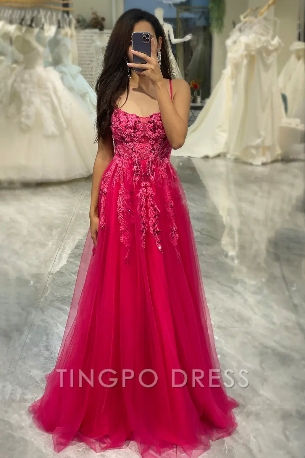 TingPo Wholesale Elegant A Line Fuchsia Spaghetti Straps Tulle Long Prom Dress With Appliques