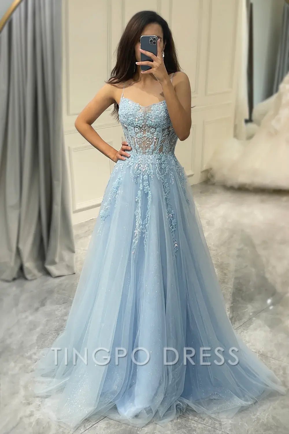 TingPo Wholesale Elegant A Line Fuchsia Spaghetti Straps Tulle Long Prom Dress With Appliques