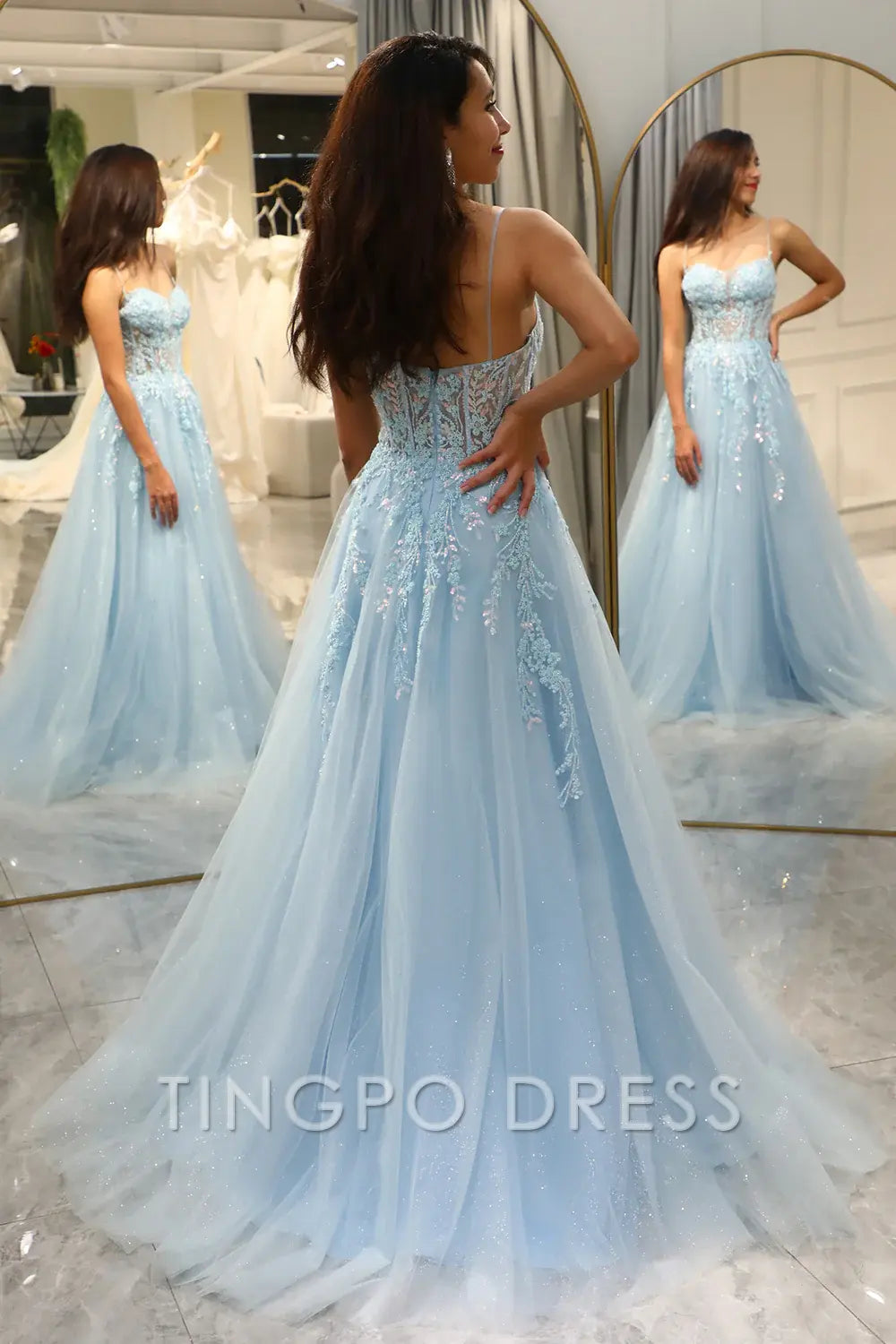 TingPo Wholesale Elegant A Line Fuchsia Spaghetti Straps Tulle Long Prom Dress With Appliques