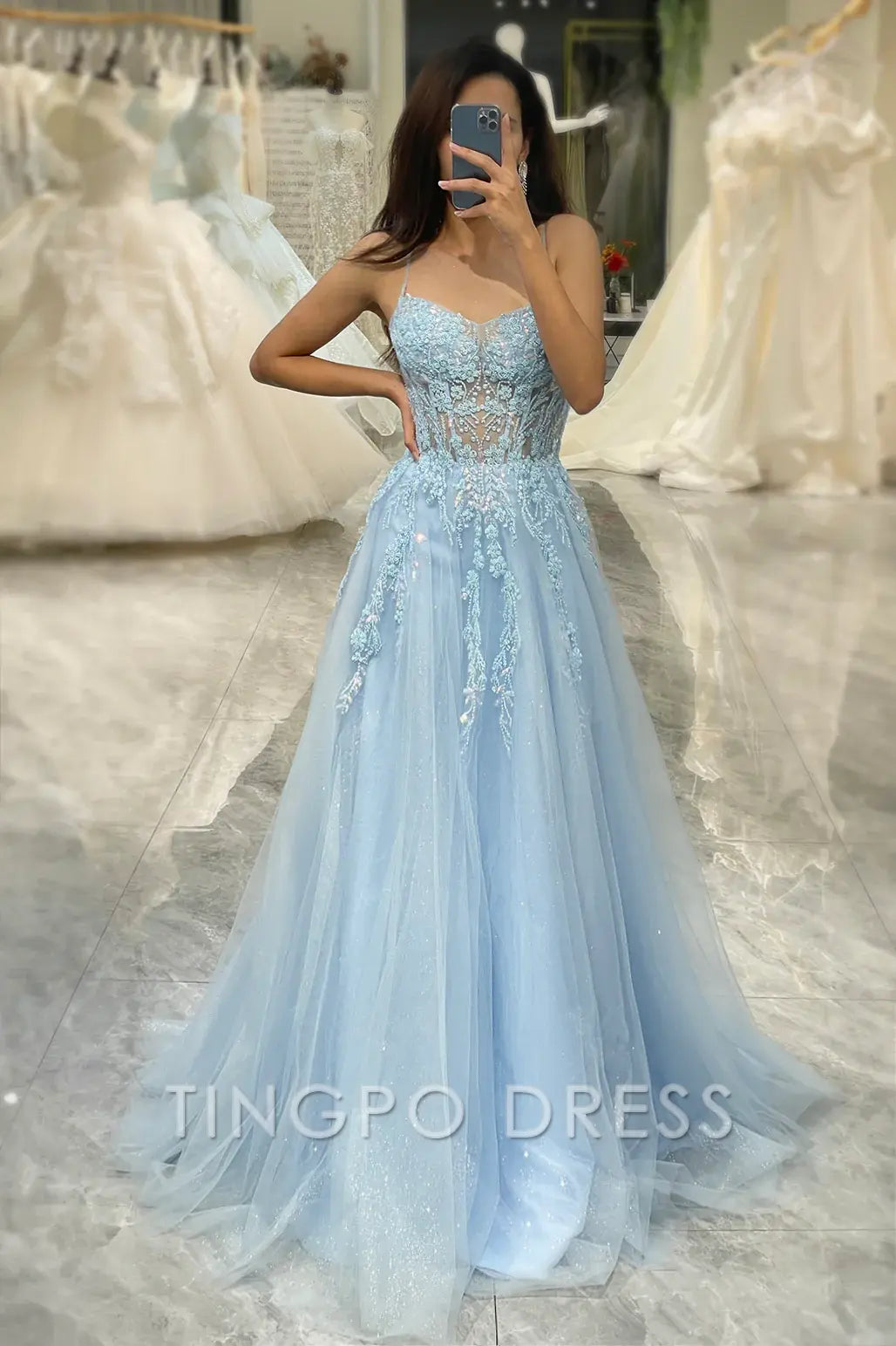 TingPo Wholesale Elegant A Line Fuchsia Spaghetti Straps Tulle Long Prom Dress With Appliques