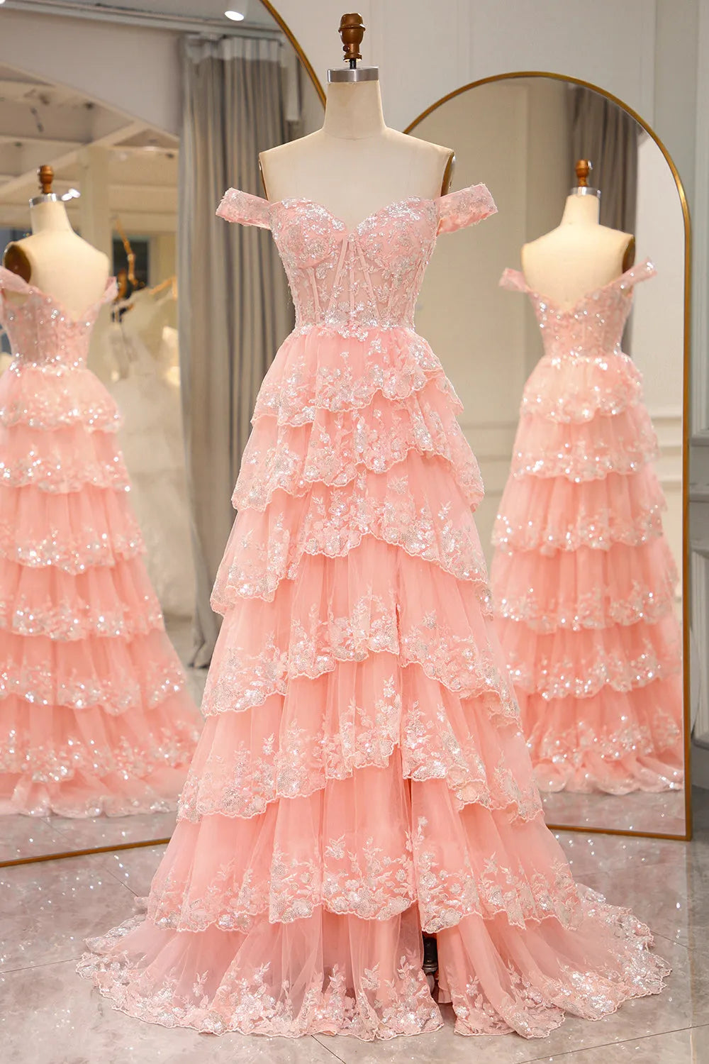Pink Floral A-Line Corset Appliqued Maxi Prom Dress main image 0