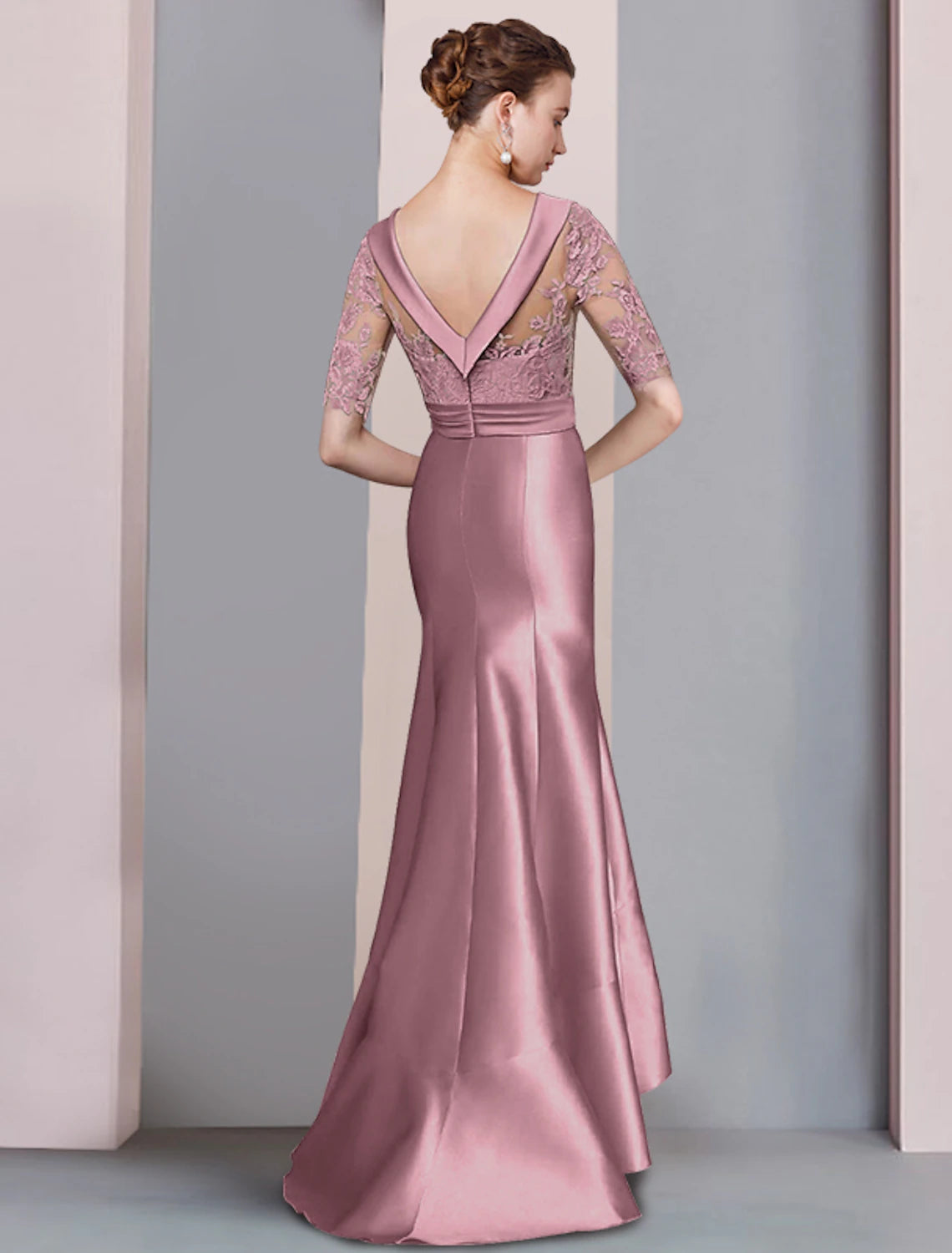 Wholesale Mermaid / Trumpet Mother of the Bride Dress Formal Fall Wedding Guest Dresses Elegant High Low Scoop Neck Sweep / Brush Train Asymmetrical Satin Lace Half Sleeve with Bow(s) Appliques