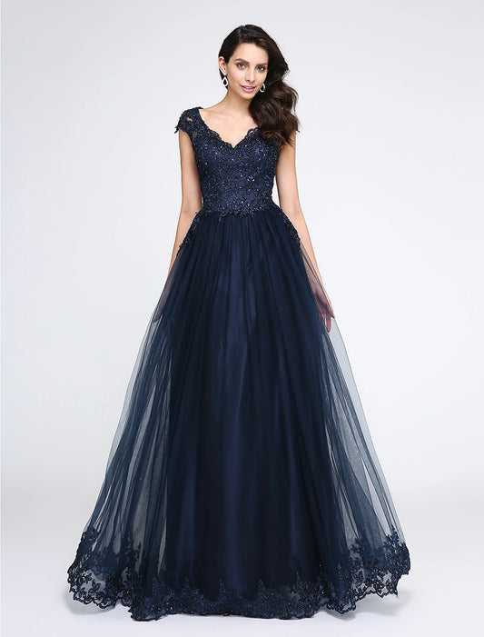 Wholesale  A-Line Little Black Dress Dress Wedding Guest Prom Floor Length Sleeveless V Neck Tulle with Appliques