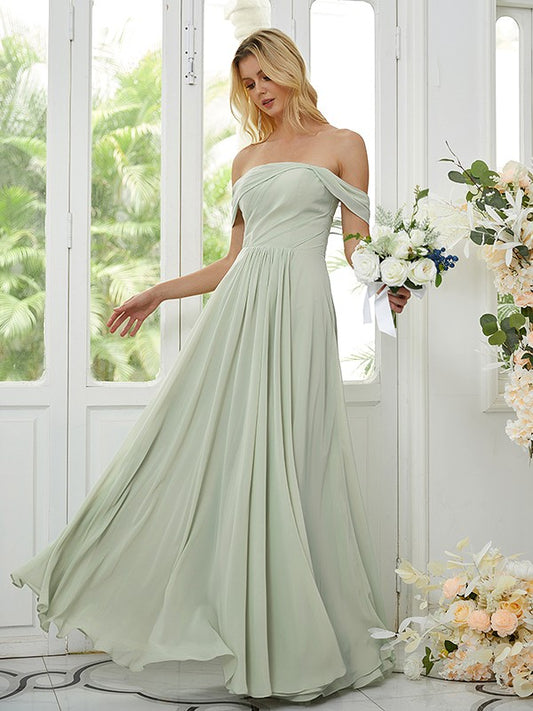 Wholesale A-Line/Princess Chiffon Ruched Off-the-Shoulder Sleeveless Floor-Length Bridesmaid Dresses