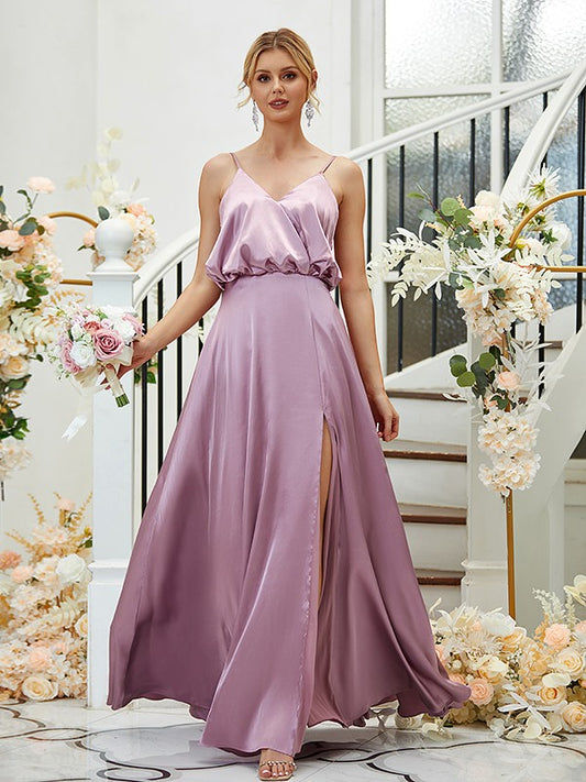 Wholesale A-Line/Princess Silk like Satin Ruched V-neck Sleeveless Floor-Length Bridesmaid Dresses