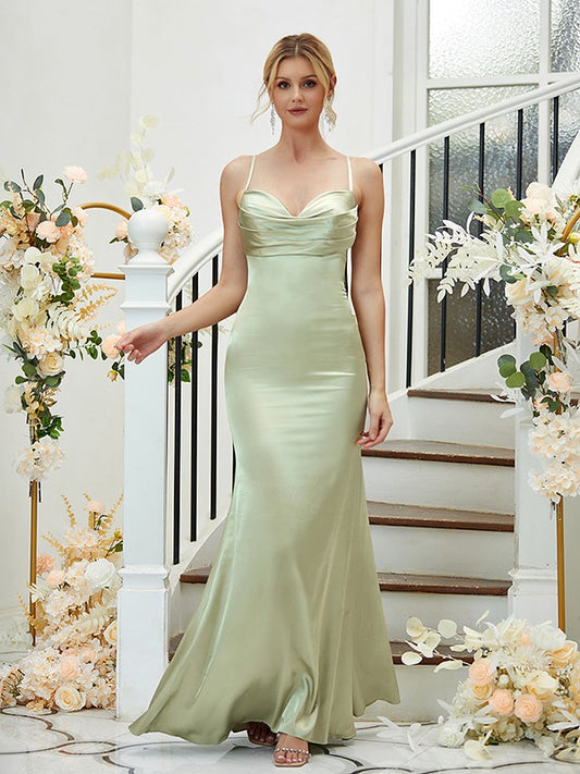 Wholesale Sheath/Column Silk like Satin Ruched V-neck Sleeveless Floor-Length Bridesmaid Dresses