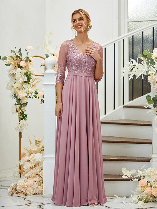 Wholesale A-Line/Princess Chiffon Lace V-neck 3/4 Sleeves Floor-Length Bridesmaid Dresses