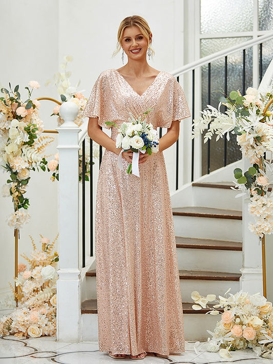 Wholesale A-Line/Princess Ruched V-neck Short Sleeves Floor-Length Bridesmaid Dresses
