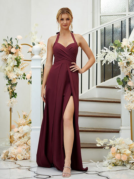 Wholesale A-Line/Princess Stretch Crepe Ruched Halter Sleeveless Floor-Length Bridesmaid Dresses