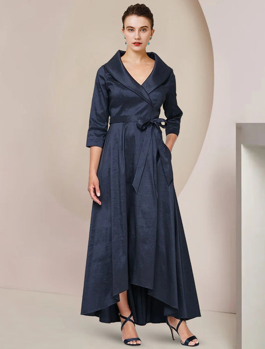 Wholesale  A-Line Mother of the Bride Dress Formal Wedding Guest Party Elegant Shirt Collar Asymmetrical Ankle Length Taffeta Short Sleeve with Bow(s)