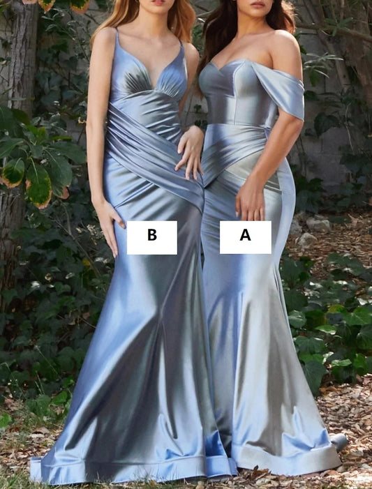 Wholesale Mermaid / Trumpet Bridesmaid Dress Off Shoulder Sleeveless Blue Court Train Satin with Ruching / Solid Color