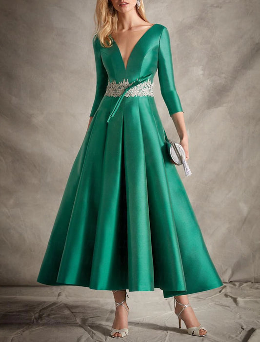 Wholesale A-Line Cocktail Dresses Elegant Dress Formal Asymmetrical 3/4 Length Sleeve V Neck Satin with Embroidery