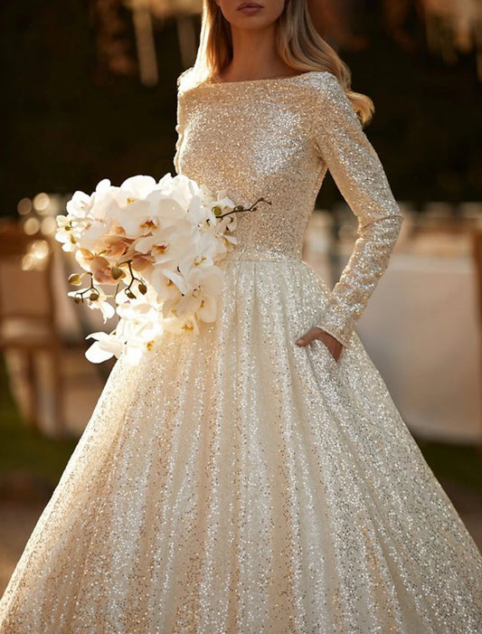 Wholesale Engagement Sparkle & Shine Formal Wedding Dresses Ball Gown Scoop Neck Long Sleeve Chapel Train Sequined Bridal Gowns With Solid Color