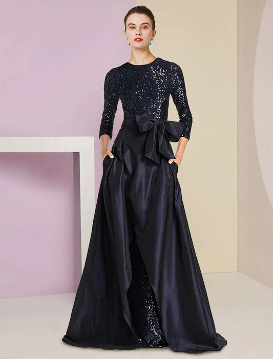 Wholesale Two Piece Sheath / Column Mother of the Bride Dress Formal Wedding Guest Sparkle & Shine Elegant Scoop Neck Floor Length Detachable Taffeta Sequined 3/4 Length Sleeve with Bow(s)