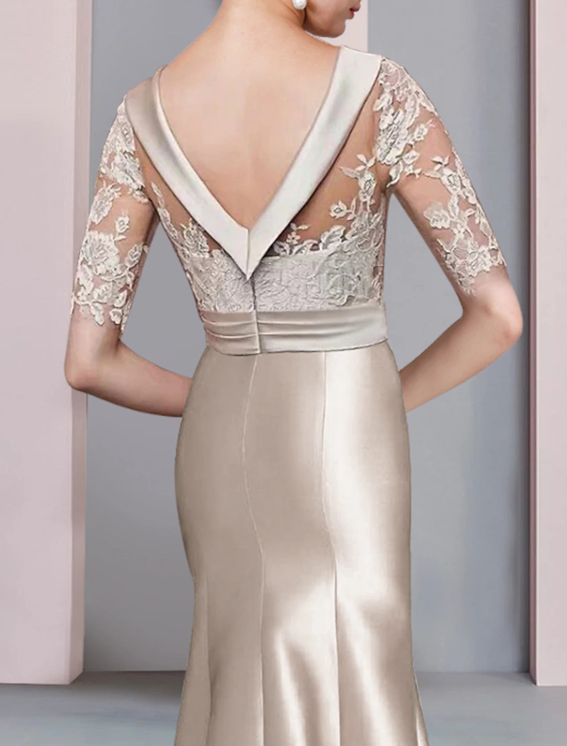 Wholesale Mermaid / Trumpet Mother of the Bride Dress Formal Fall Wedding Guest Dresses Elegant High Low Scoop Neck Sweep / Brush Train Asymmetrical Satin Lace Half Sleeve with Bow(s) Appliques