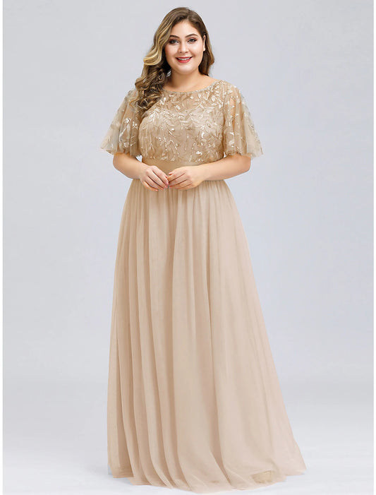 Wholesale  A-Line Prom Dresses Plus Size Dress Wedding Guest Prom Floor Length Short Sleeve Jewel Neck Bridesmaid Dress Chiffon with Appliques