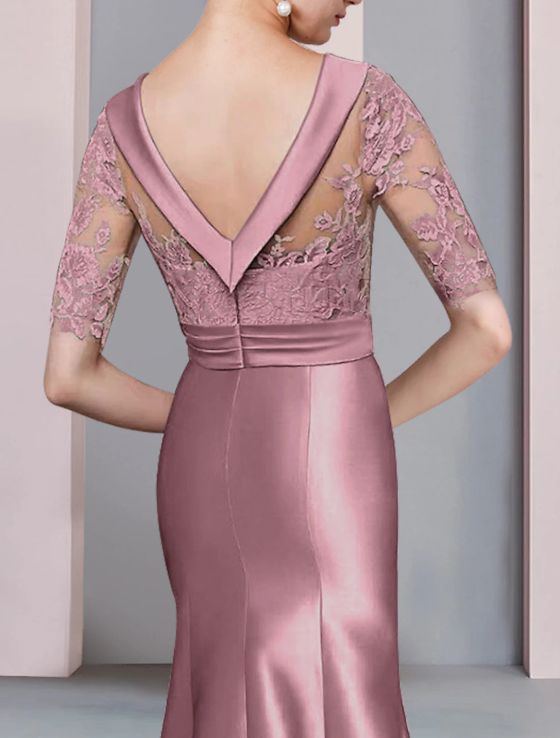 Wholesale Mermaid / Trumpet Mother of the Bride Dress Formal Fall Wedding Guest Dresses Elegant High Low Scoop Neck Sweep / Brush Train Asymmetrical Satin Lace Half Sleeve with Bow(s) Appliques