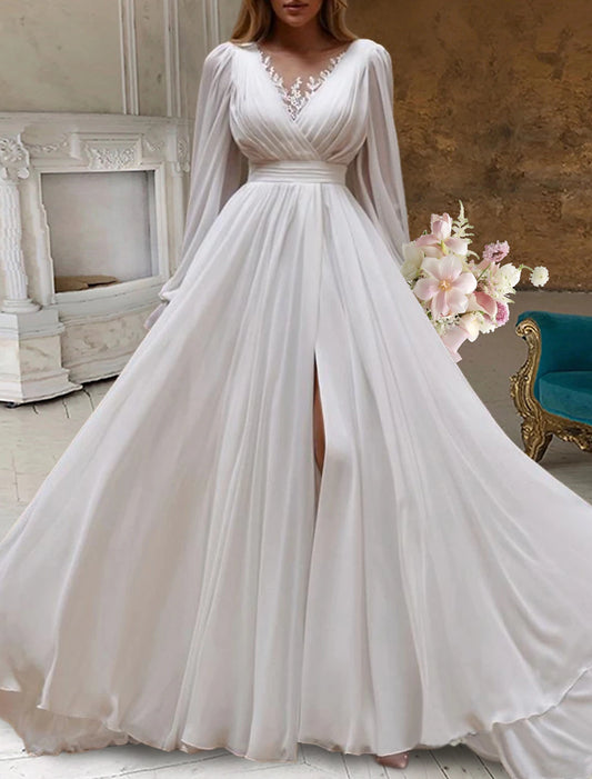 Wholesale Bridal Shower Little White Dresses Wedding Dresses A-Line Scoop Neck Long Sleeve Sweep / Brush Train Chiffon Bridal Gowns With Pleats Appliques