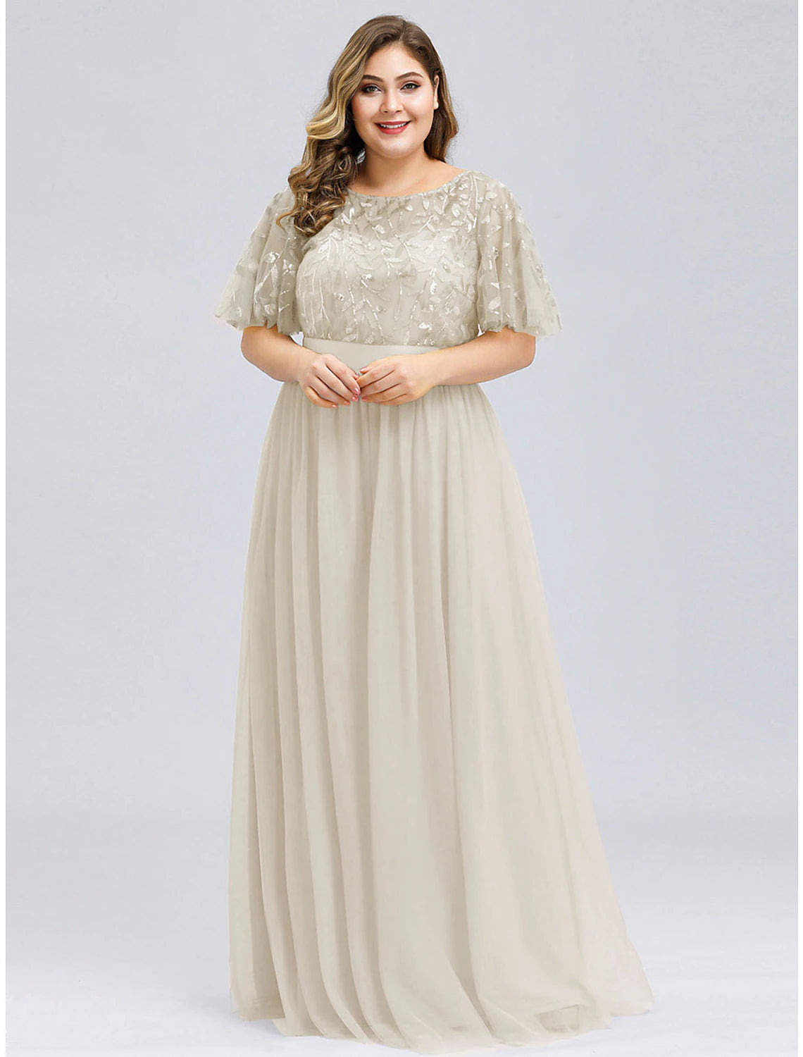 Wholesale  A-Line Prom Dresses Plus Size Dress Wedding Guest Prom Floor Length Short Sleeve Jewel Neck Bridesmaid Dress Chiffon with Appliques