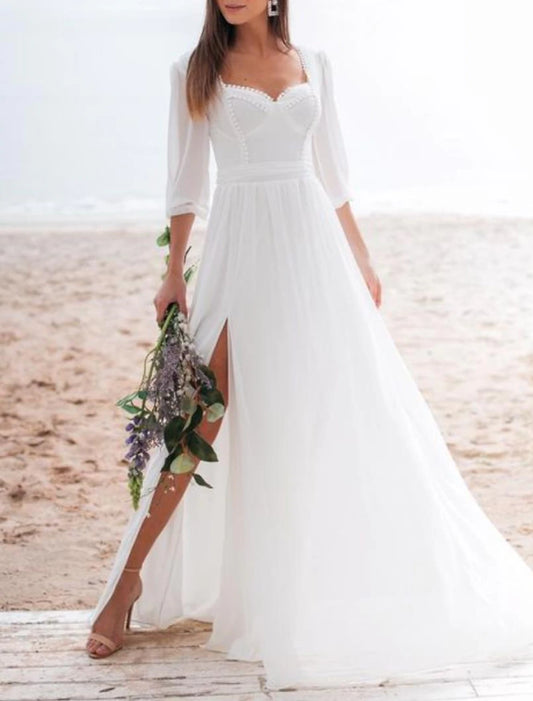 Wholesale Beach Little White Dresses Wedding Dresses A-Line Square Neck Long Sleeve Floor Length Chiffon Bridal Gowns With Ruched Split Front
