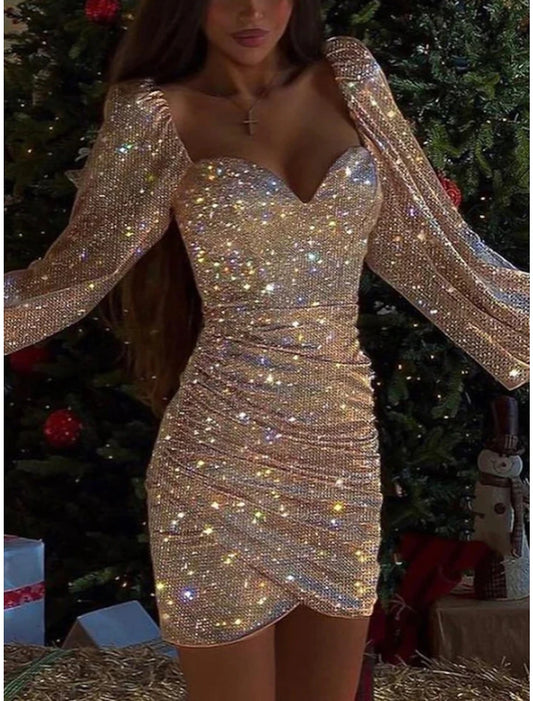 Wholesale Sheath / Column Homecoming Dresses Sparkle & Shine Dress Birthday Short / Mini Long Sleeve Square Neck Sequined with Ruched