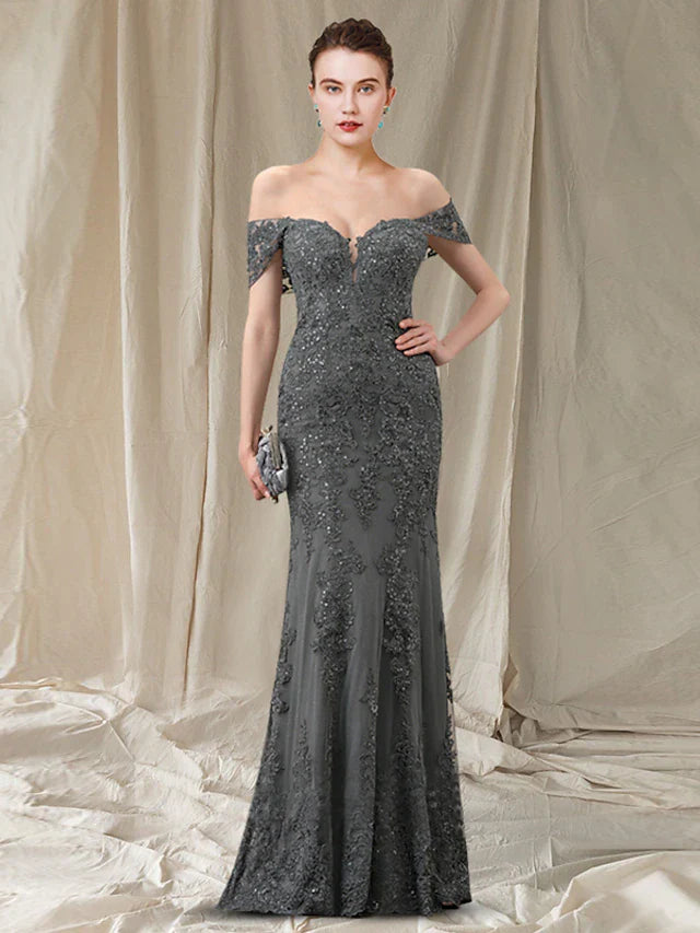 Wholesale Sheath / Column Mother of the Bride Dress Elegant Off Shoulder Floor Length Lace Tulle Sequined Sleeveless with Pleats Appliques