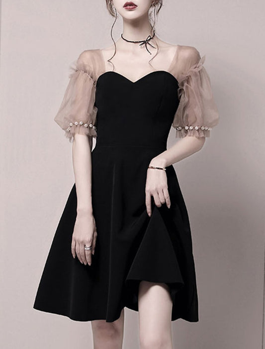 Wholesale A-Line Black Dress Elegant Party Wear Cocktail Party Dress Scoop Neck Short Sleeve Short / Mini Spandex with Pleats Pearls