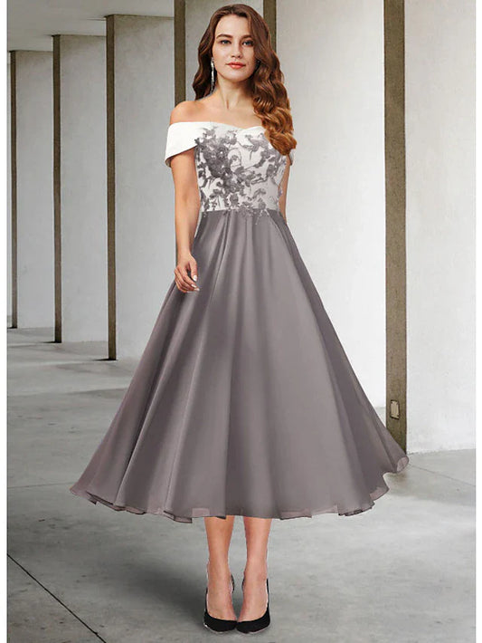 Wholesale A-Line Mother of the Bride Dress Elegant Off Shoulder Tea Length Chiffon Lace Short Sleeve with Pleats Appliques