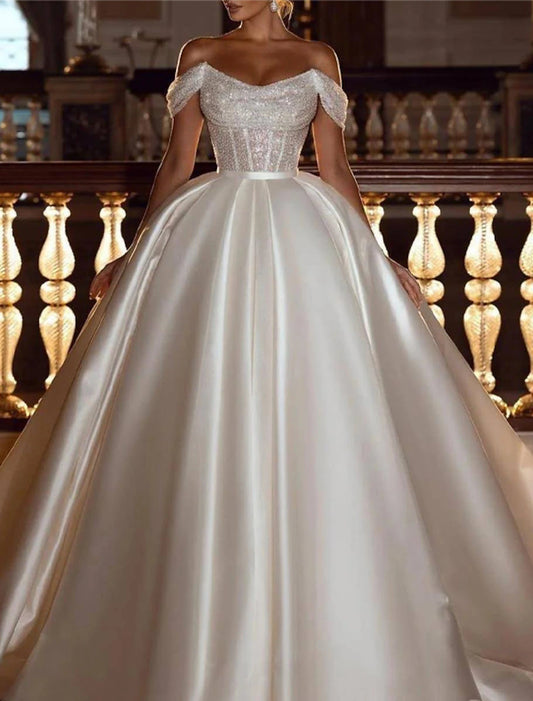 Wholesale Engagement Formal Glitter & Sparkle Wedding Dresses Ball Gown Off Shoulder Cap Sleeve Chapel Train Satin Bridal Gowns With Solid Color