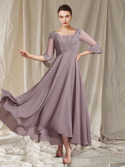 Wholesale Sheath / Column Mother of the Bride Dress Elegant High Low Square Neck Asymmetrical Ankle Length Chiffon Lace 3/4 Length Sleeve with Pleats Appliques