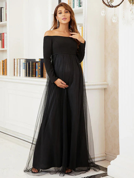 Wholesale A-Line Mother of the Bride Dress Maternity Elegant Off Shoulder Floor Length Tulle Long Sleeve with Tier
