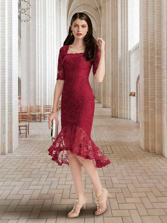 Wholesale Mermaid / Trumpet Mother of the Bride Dress Vintage Elegant High Low Square Neck Asymmetrical Tea Length Lace Half Sleeve with Ruffles Appliques