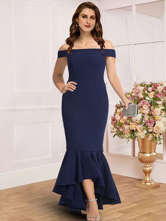 Wholesale Plus Size Curve Mother of the Bride Dress Wedding Guest Party Elegant Off Shoulder Asymmetrical Stretch Fabric Cap Sleeve with Pleats Solid Color