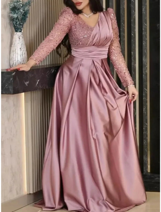 Wholesale A-Line Evening Gown Elegant Dress Formal Sweep / Brush Train Long Sleeve V Neck Satin with Pleats Ruched Sequin