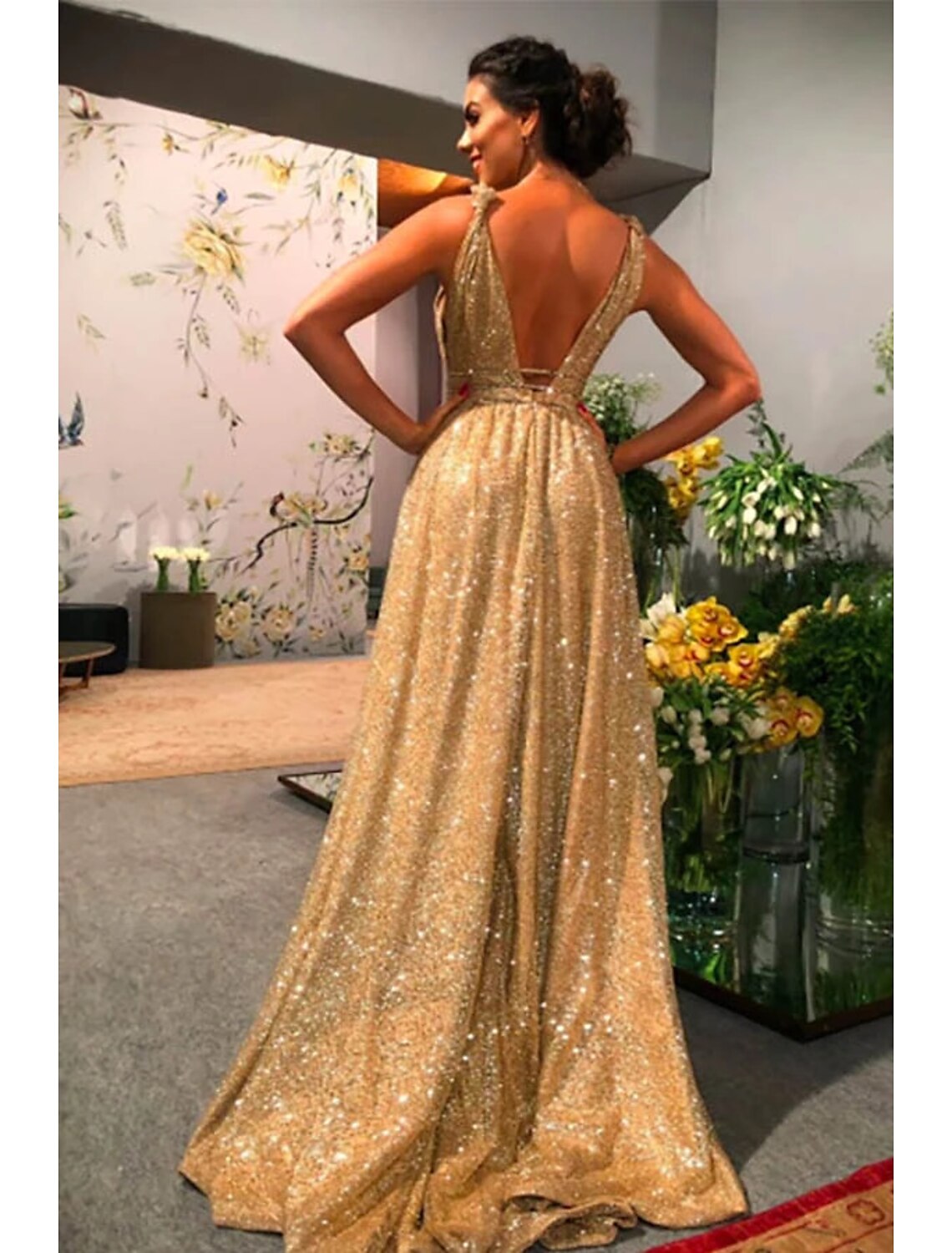 Wholesale  A-Line Prom Dresses Glittering Dress Evening Party Formal Evening Sweep / Brush Train Sleeveless Spaghetti Strap Stretch Satin Backless with Rhinestone