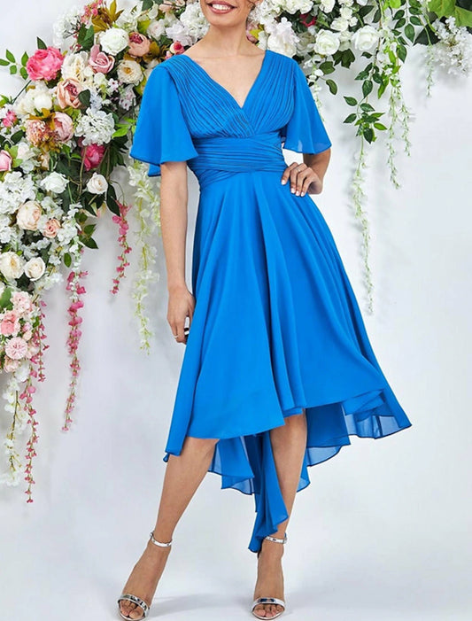 Wholesale A-Line Cocktail Dresses Elegant Dress Wedding Summer Asymmetrical Sleeveless V Neck Chiffon with Ruched