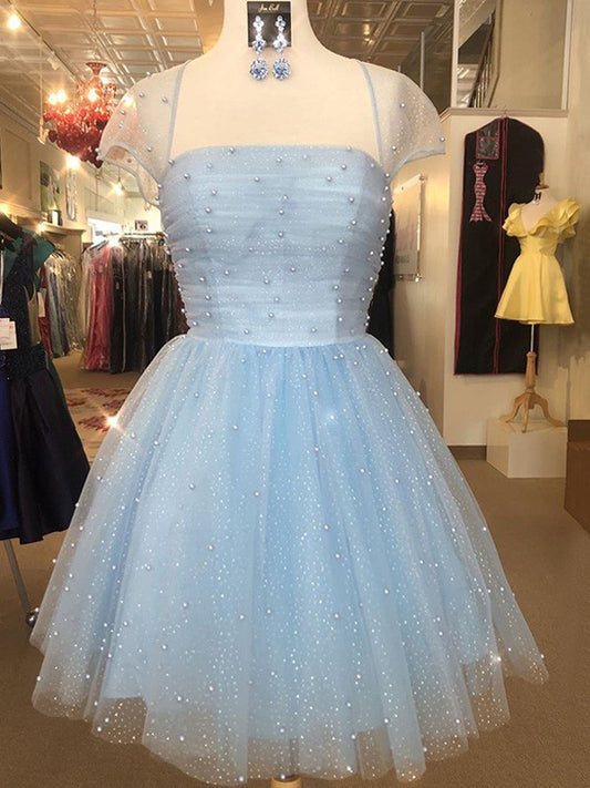 Wholesale A-Line/Princess Tulle Strapless Short Sleeves Beading Short/Mini Homecoming Dresses