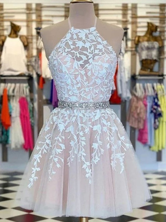 Wholesale A-Line/Princess Applique Tulle Sleeveless Halter Short/Mini Homecoming Dresses