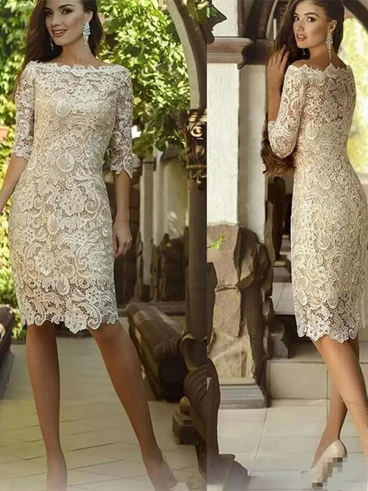 Wholesale Sheath/Column Lace Applique Off-the-Shoulder 3/4 Sleeves Knee-Length Mother of the Bride Dresses